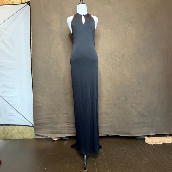 KOKIN New York Black Leather-Trim Halter Gown Size 10 Elegant Evening Statement - Picture 3 of 16